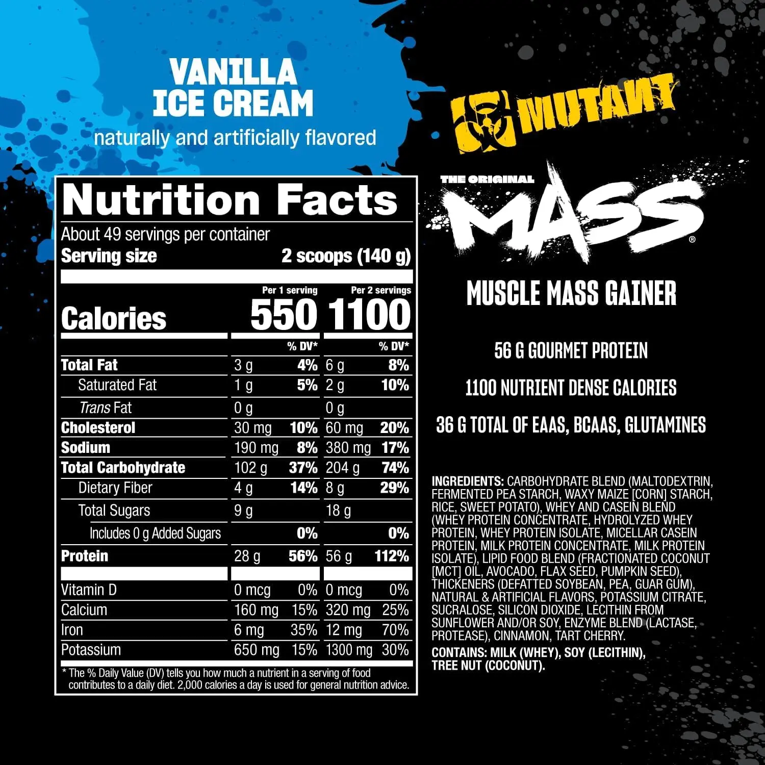 This image showcases a 6.8KG bag of Mutant Mass Vanilla Ice Cream flavored weight gainer supplement.
