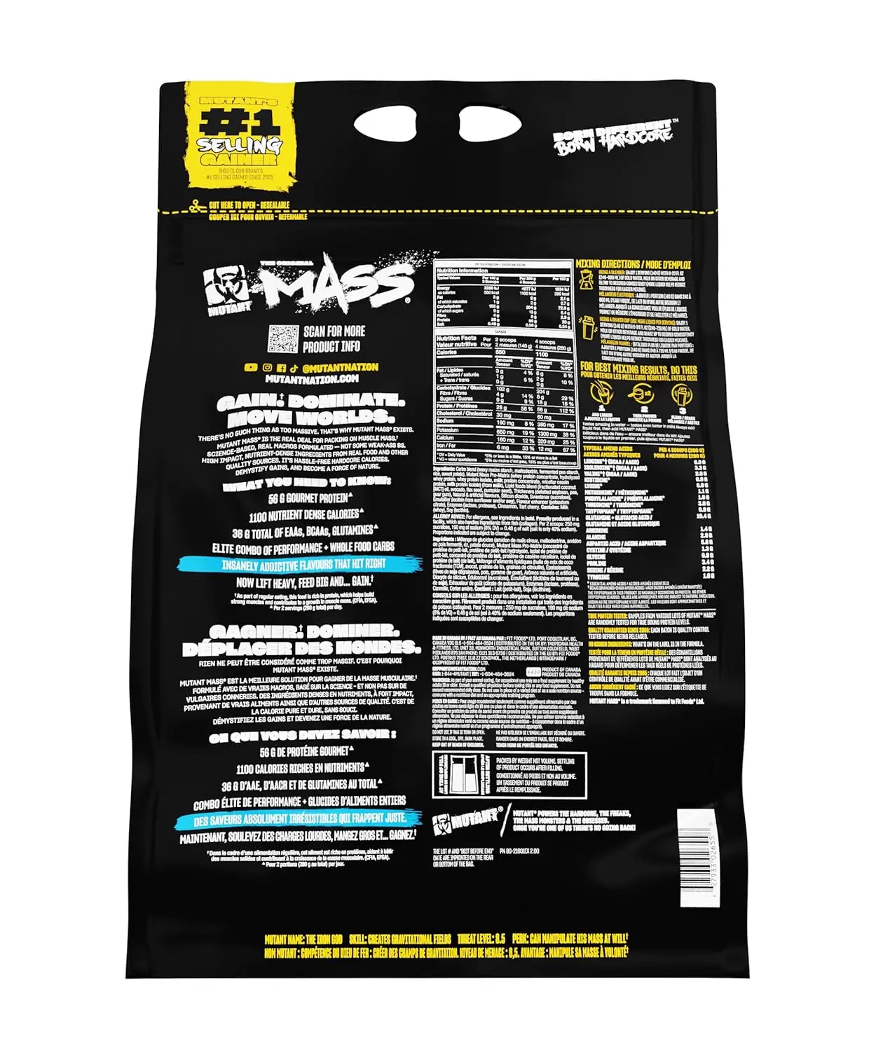 This image showcases a 6.8KG bag of Mutant Mass Vanilla Ice Cream flavored weight gainer supplement.