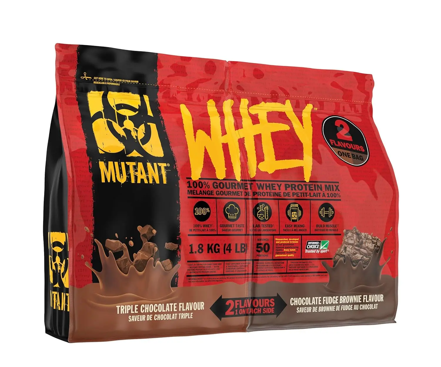 This is a container of Mutant Whey Dual Chamber protein powder in chocolate fudge flavor, weighing 1.8kg.