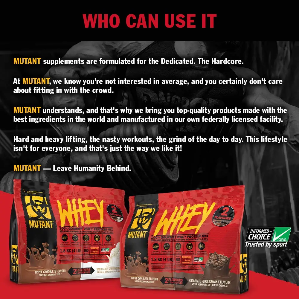 This is a container of Mutant Whey Dual Chamber protein powder in chocolate fudge flavor, weighing 1.8kg.