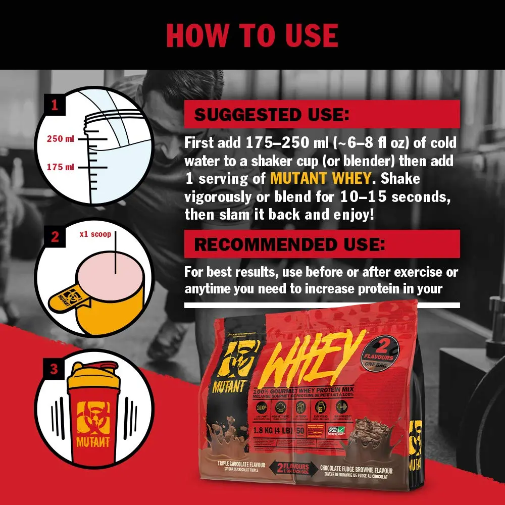 This is a container of Mutant Whey Dual Chamber protein powder in chocolate fudge flavor, weighing 1.8kg.