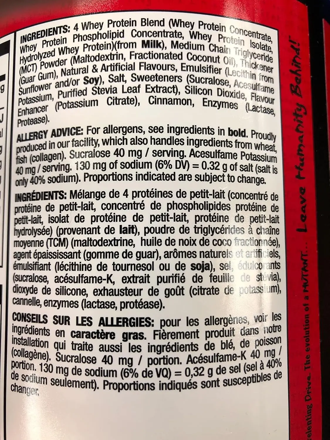 This is a container of Mutant Whey Dual Chamber protein powder in chocolate fudge flavor, weighing 1.8kg.