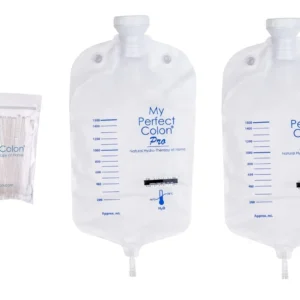 Replacement set for My Perfect Colon includes 30 disposable rectal cannulas made of soft material with rounded tip, and two 2-liter water bags with suction cups and liquid crystal thermometer for easy colon cleansing.