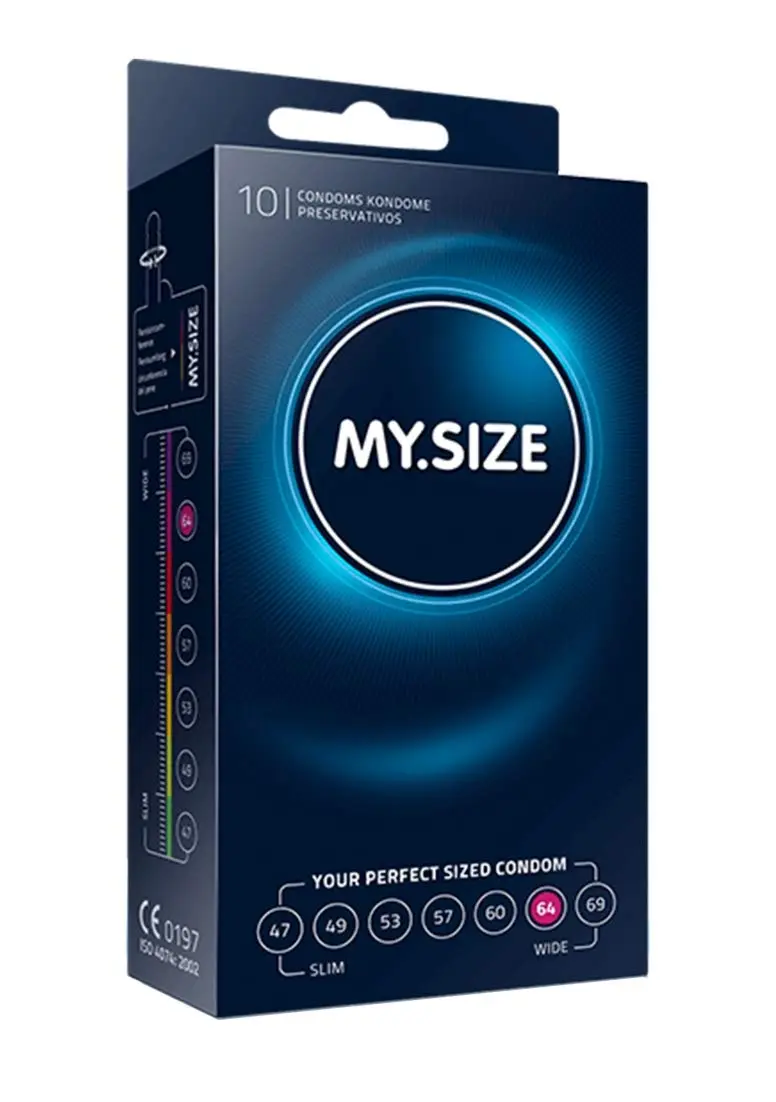 This package contains ten My Size classic condoms with a width of 64mm, made from vegan materials and designed to be extra thin for a true to touch experience.