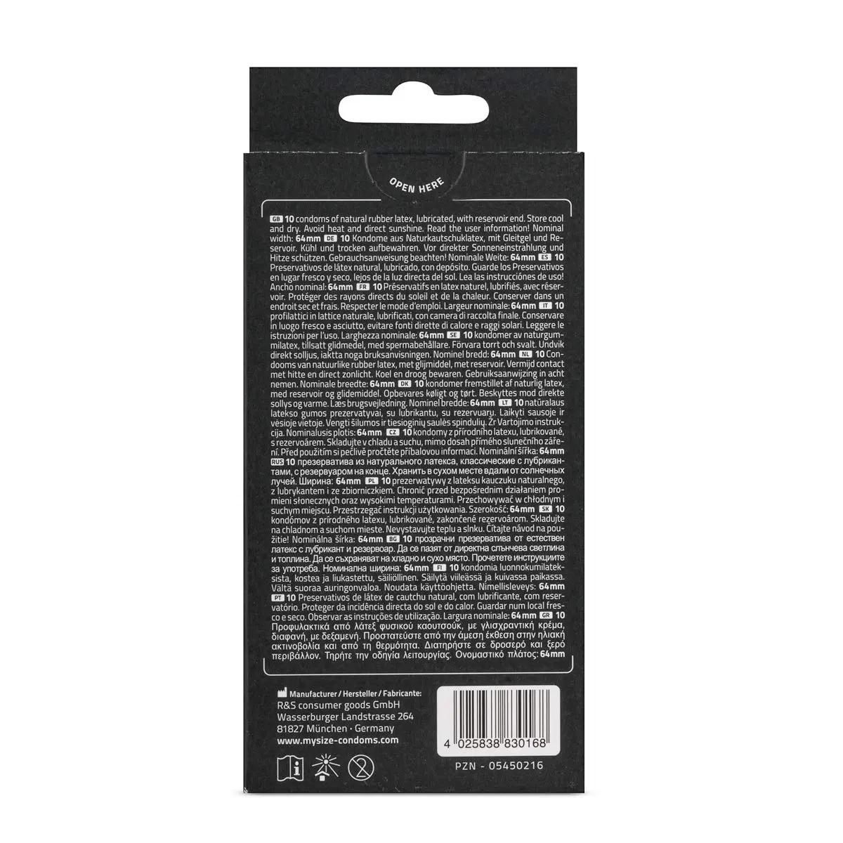 This package contains ten My Size classic condoms with a width of 64mm, made from vegan materials and designed to be extra thin for a true to touch experience.