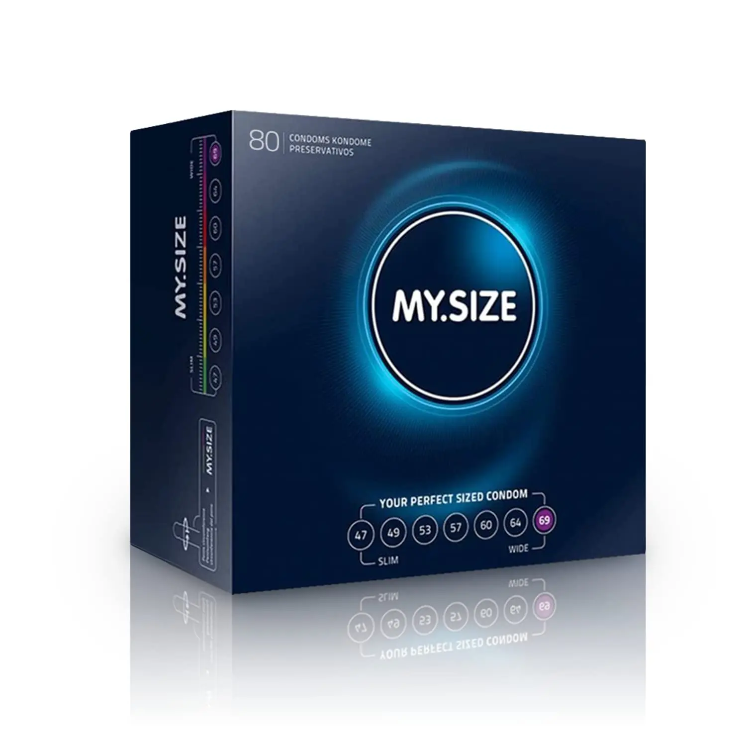 This package contains ten My Size classic condoms with a width of 64mm, made from vegan materials and designed to be extra thin for a true to touch experience.
