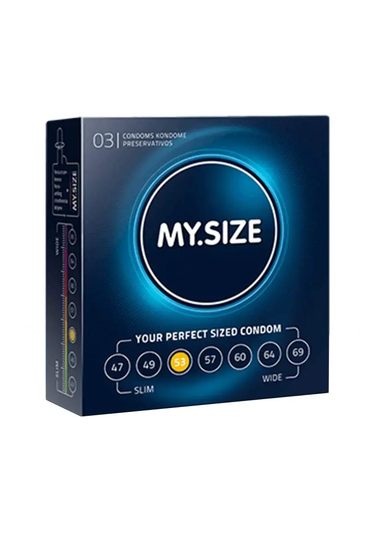 This package contains ten My Size classic condoms with a width of 64mm, made from vegan materials and designed to be extra thin for a true to touch experience.
