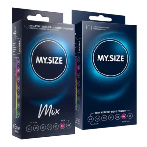 This value pack includes twenty My Size condoms, size 64mm, in classic, ribbed, flavored, and colored varieties.