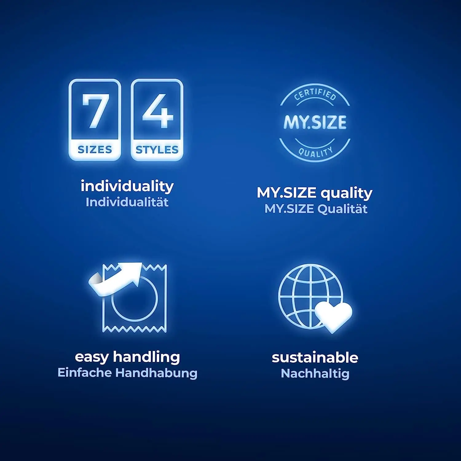 This value pack includes twenty My Size condoms, size 64mm, in classic, ribbed, flavored, and colored varieties.