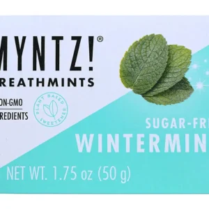 A 6-pack of aqua tins of Myntz strong winter flavored sugar free breath mints.