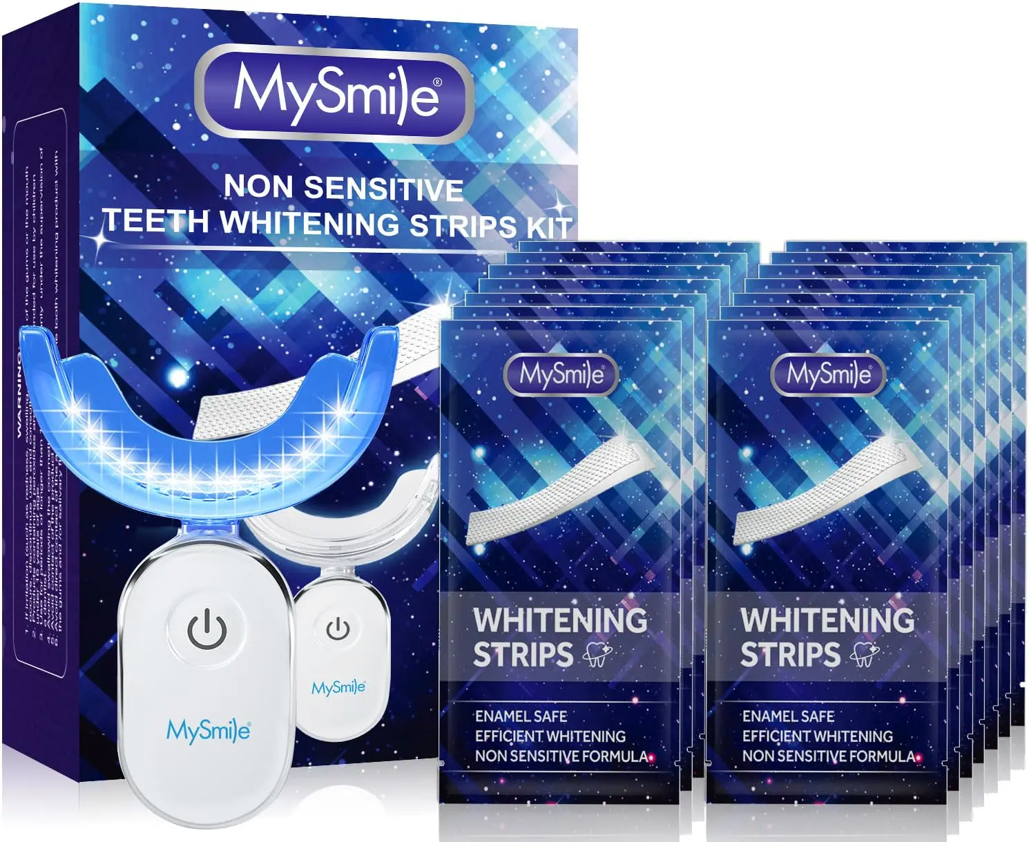 MySmile teeth whitening kit with LED light and whitening strips for sensitive teeth delivers a brighter, whiter smile in just 10 minutes at home or on the go.