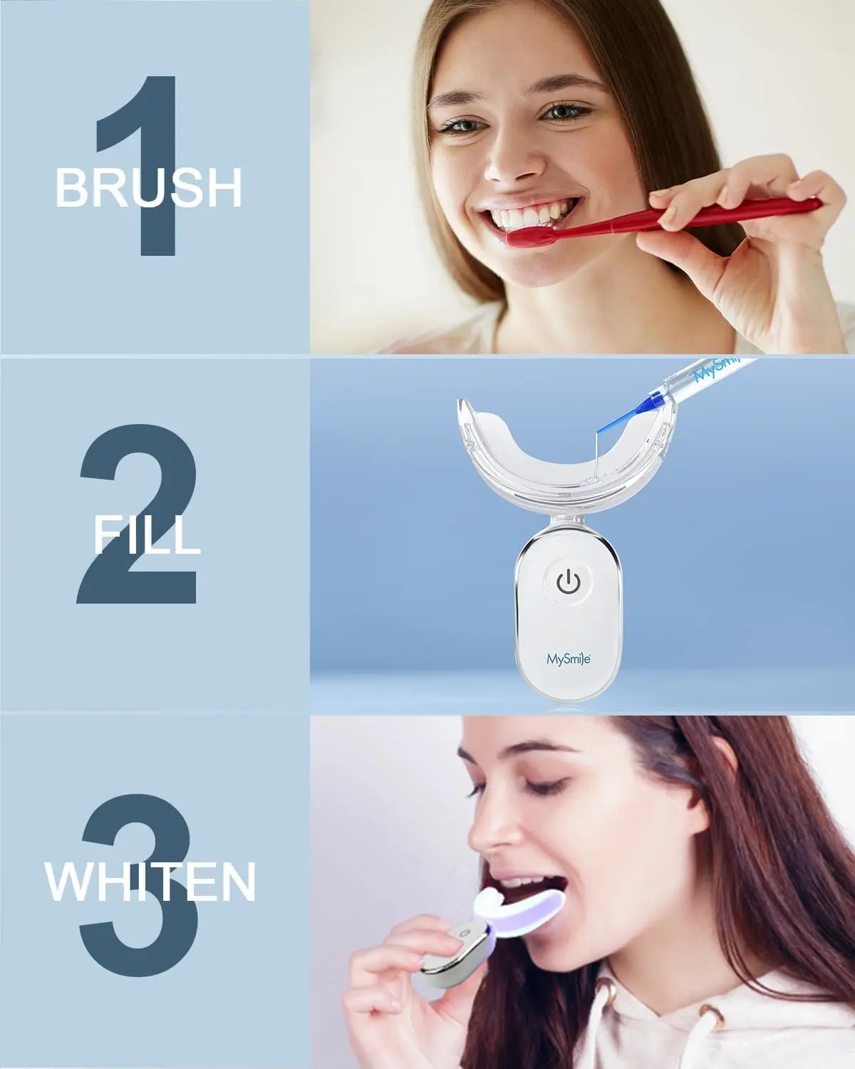 MySmile teeth whitening kit with LED light and whitening strips for sensitive teeth delivers a brighter, whiter smile in just 10 minutes at home or on the go.