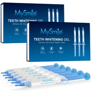 Six syringes of mysmile teeth whitening gel refills for adults, designed for use with a teeth whitening tray to achieve a whiter smile in just 10 minutes.