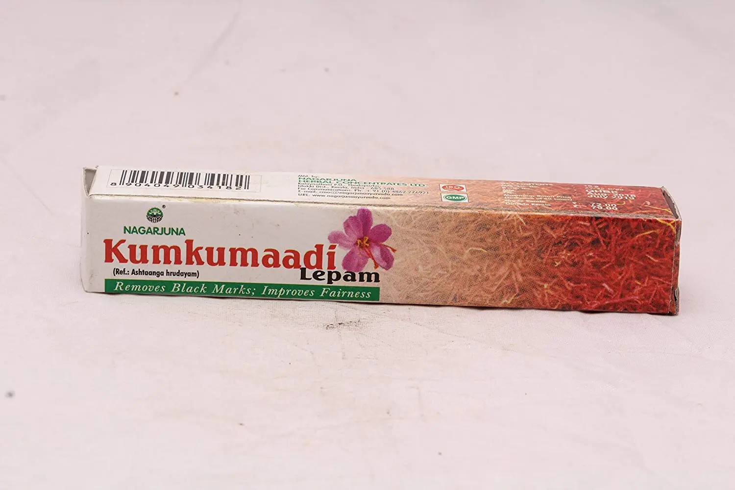 A 10g pack of Nagarjuna Kumkumadi Lepam, a herbal concentrate known for improving fairness and reducing black marks.