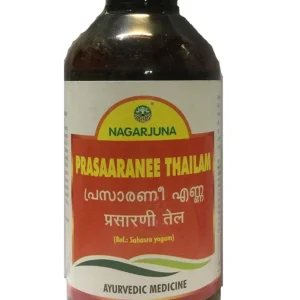 Nagarjuna Prasaranithailam 200ml with free Pachak Methi, used externally for massage and Ayurvedic therapies like kativasti and abhyanga.