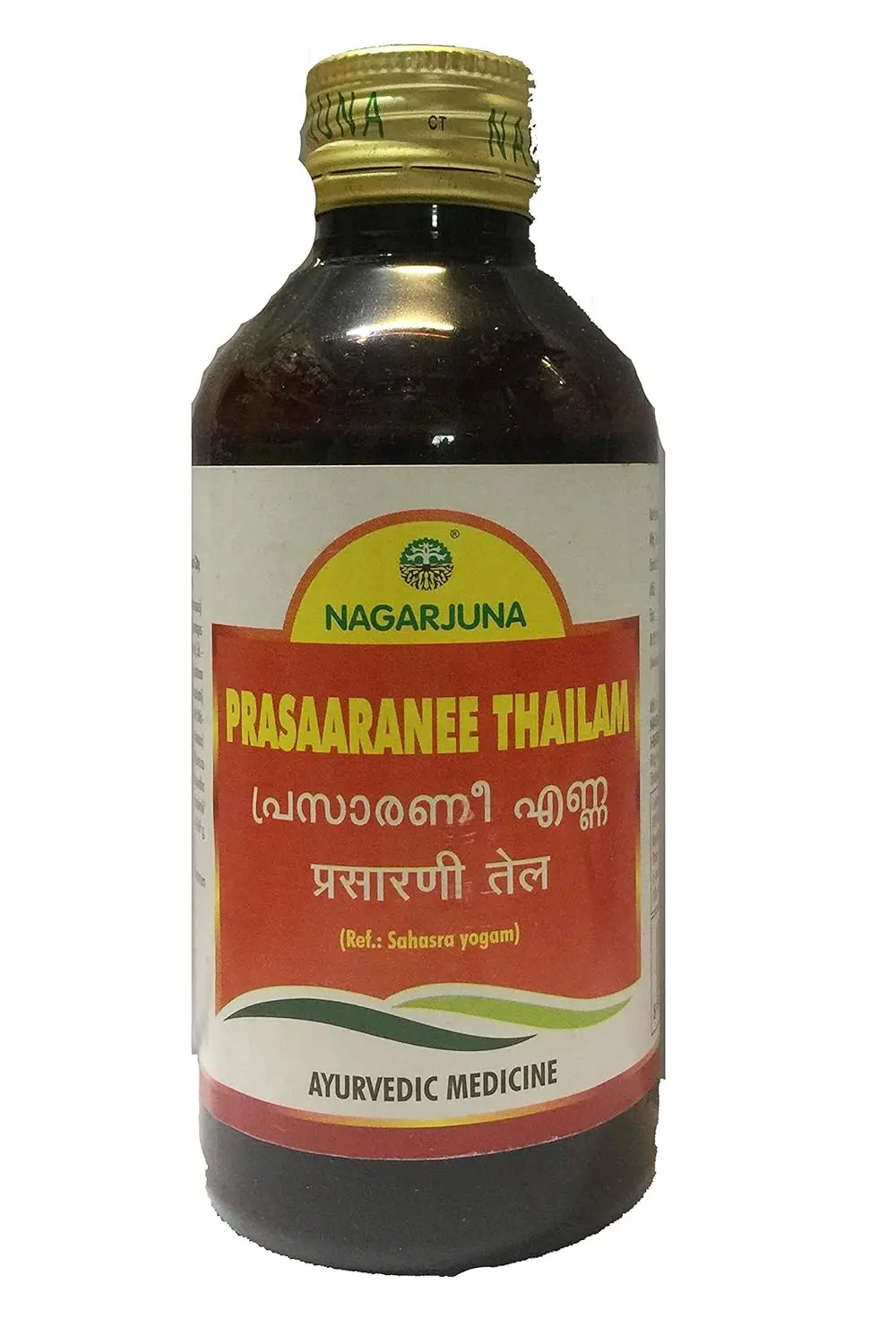Nagarjuna Prasaranithailam 200ml with free Pachak Methi, used externally for massage and Ayurvedic therapies like kativasti and abhyanga.