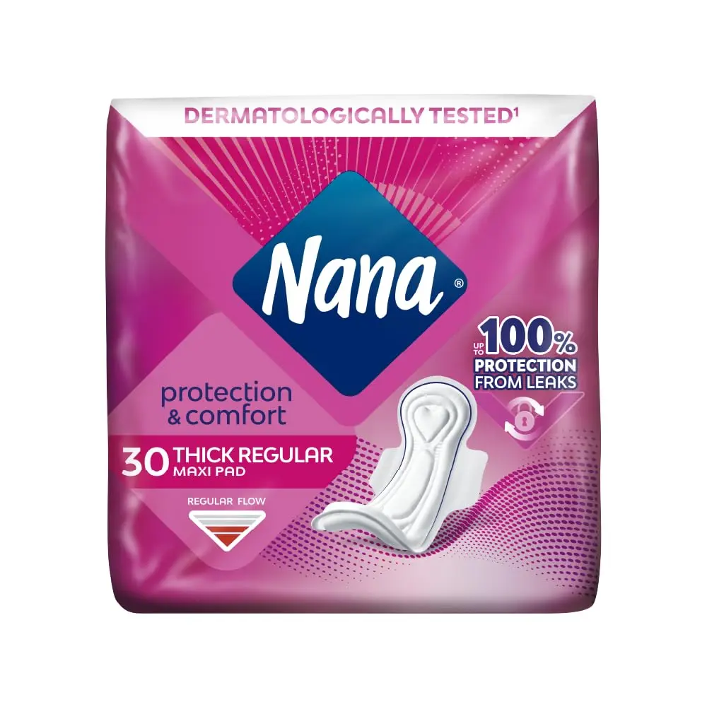 Nana Maxi Pads providing up to 100% leak protection with a comfortable fit and materials that are gentle on the skin, perfect for all-day and night use.