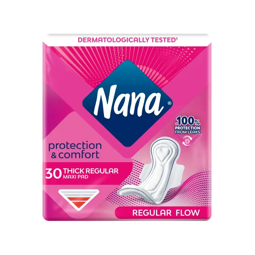 Nana Maxi Pads providing up to 100% leak protection with a comfortable fit and materials that are gentle on the skin, perfect for all-day and night use.