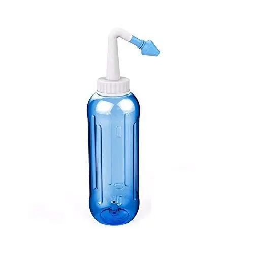 Blue 500ml nasal rinse kit with two nozzles for adults and children, designed to relieve sinus allergies and provide gentle nasal cleaning.