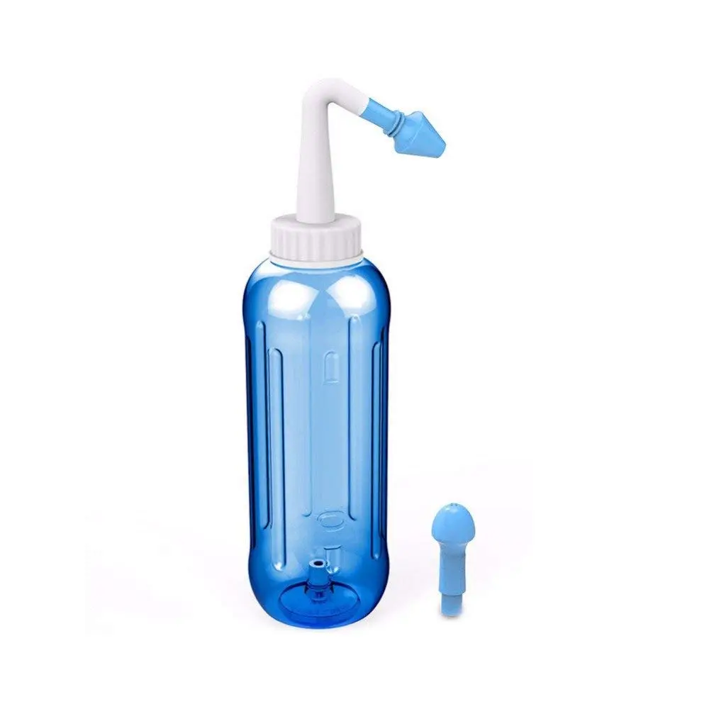 Blue 500ml nasal rinse kit with two nozzles for adults and children, designed to relieve sinus allergies and provide gentle nasal cleaning.