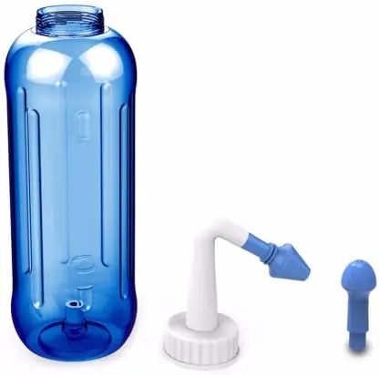 Blue 500ml nasal rinse kit with two nozzles for adults and children, designed to relieve sinus allergies and provide gentle nasal cleaning.