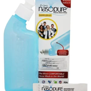 Nasopure nasal wash kit with bottle and salt packets provides natural allergy and sinus congestion relief by removing allergens and pollutants.
