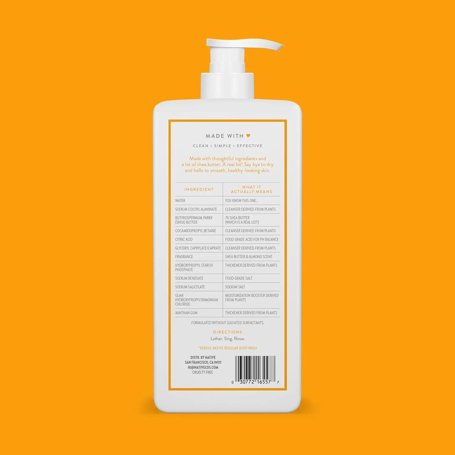 Native Shea Butter and Almond body wash cleanses and hydrates skin with naturally derived ingredients, leaving a soft, luxurious feeling.