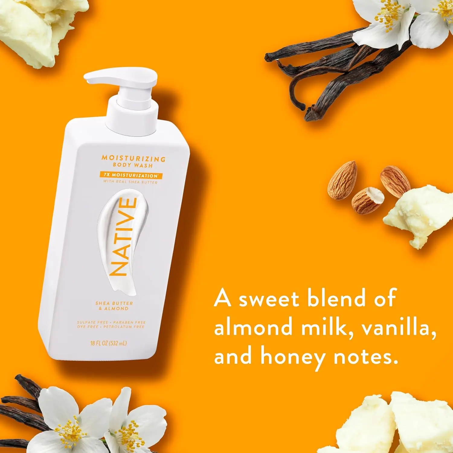 Native Shea Butter and Almond body wash cleanses and hydrates skin with naturally derived ingredients, leaving a soft, luxurious feeling.