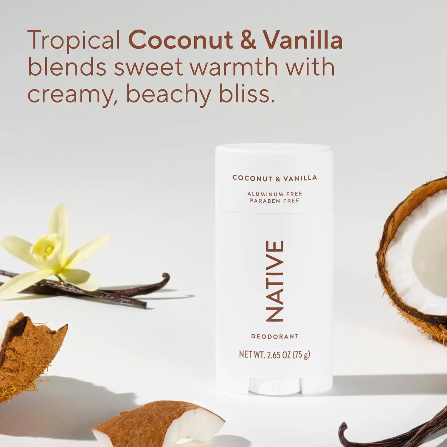 Native Coconut & Vanilla deodorant offers effective, aluminum-free odor protection for both men and women with a tropical coconut, pineapple, citrus, and vanilla scent.