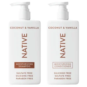 Native Coconut and Vanilla shampoo and conditioner set with naturally derived ingredients, sulfate, paraben and dye free, designed for moisturizing and strengthening all hair types.