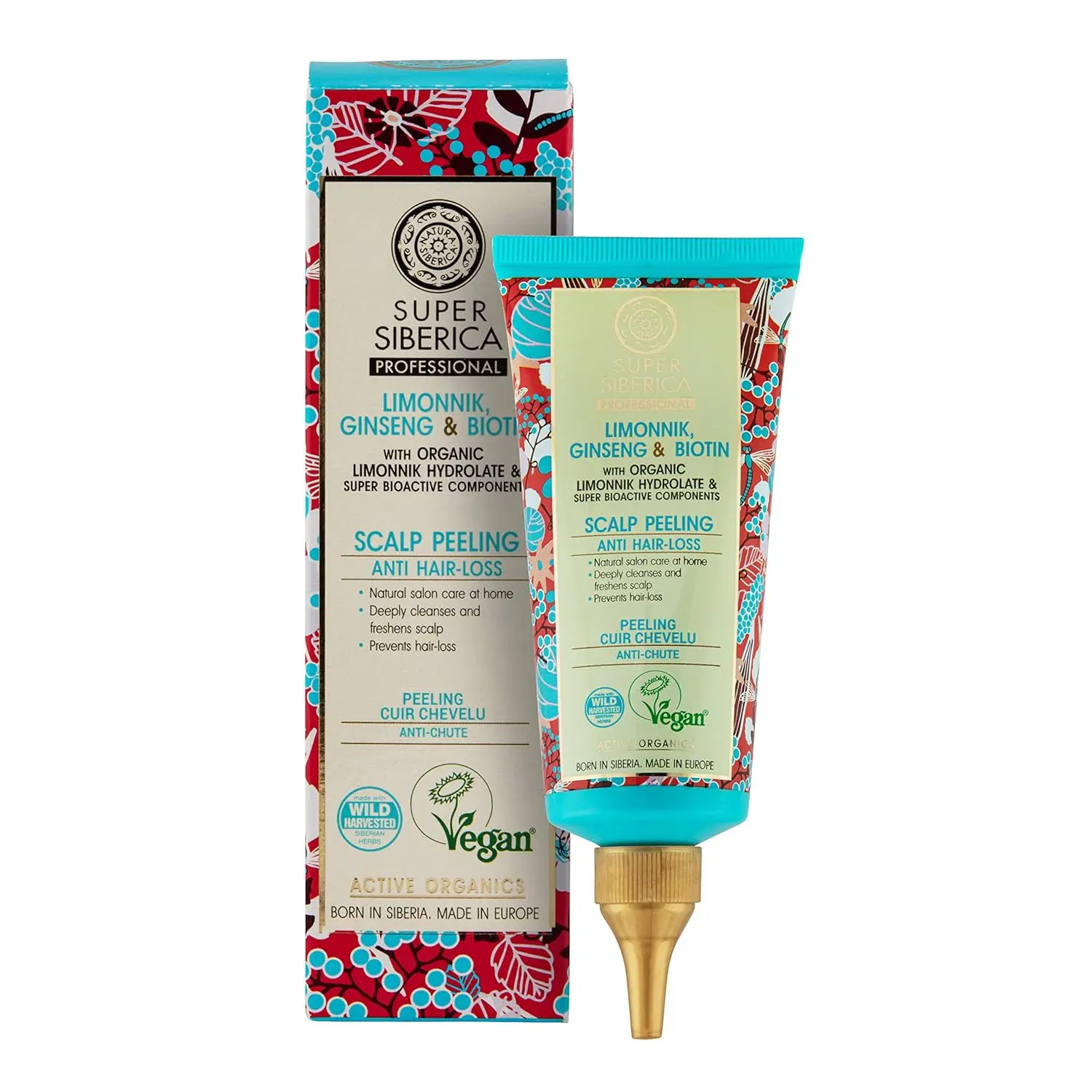 Natura Siberica scalp peeling with organic limonnik hydrolate and ginseng extract to strengthen roots, nourish hair and prevent hair loss.