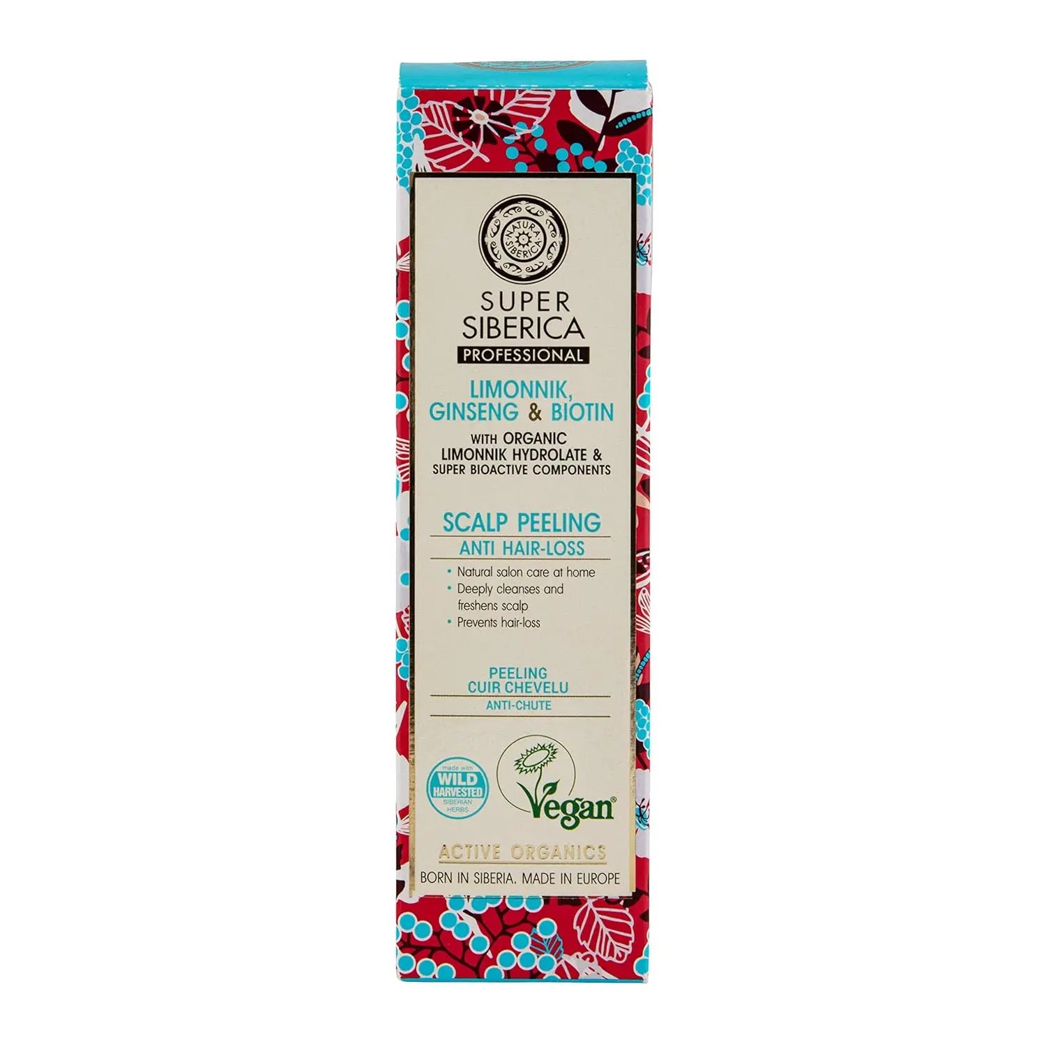 Natura Siberica scalp peeling with organic limonnik hydrolate and ginseng extract to strengthen roots, nourish hair and prevent hair loss.