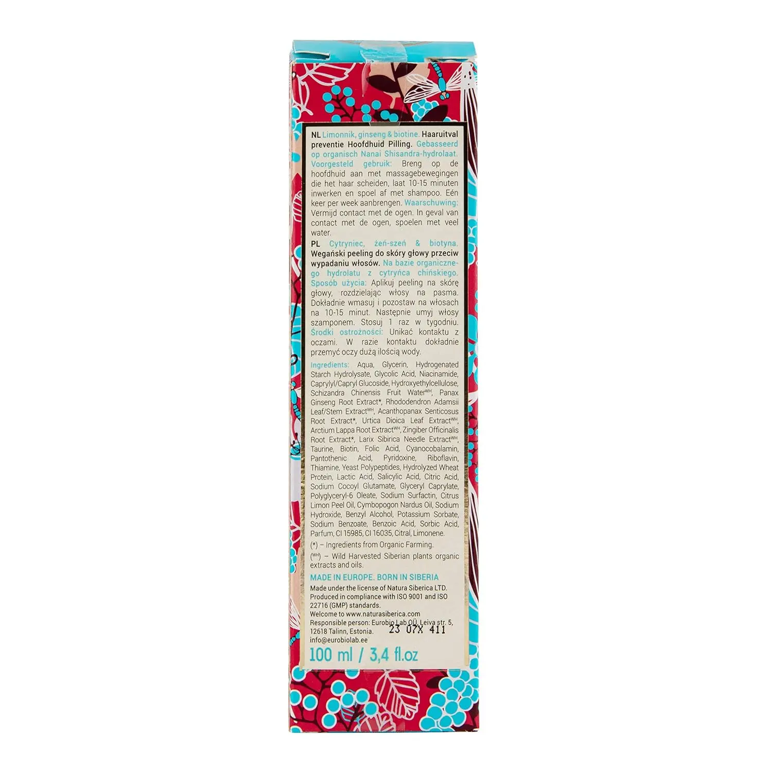 Natura Siberica scalp peeling with organic limonnik hydrolate and ginseng extract to strengthen roots, nourish hair and prevent hair loss.