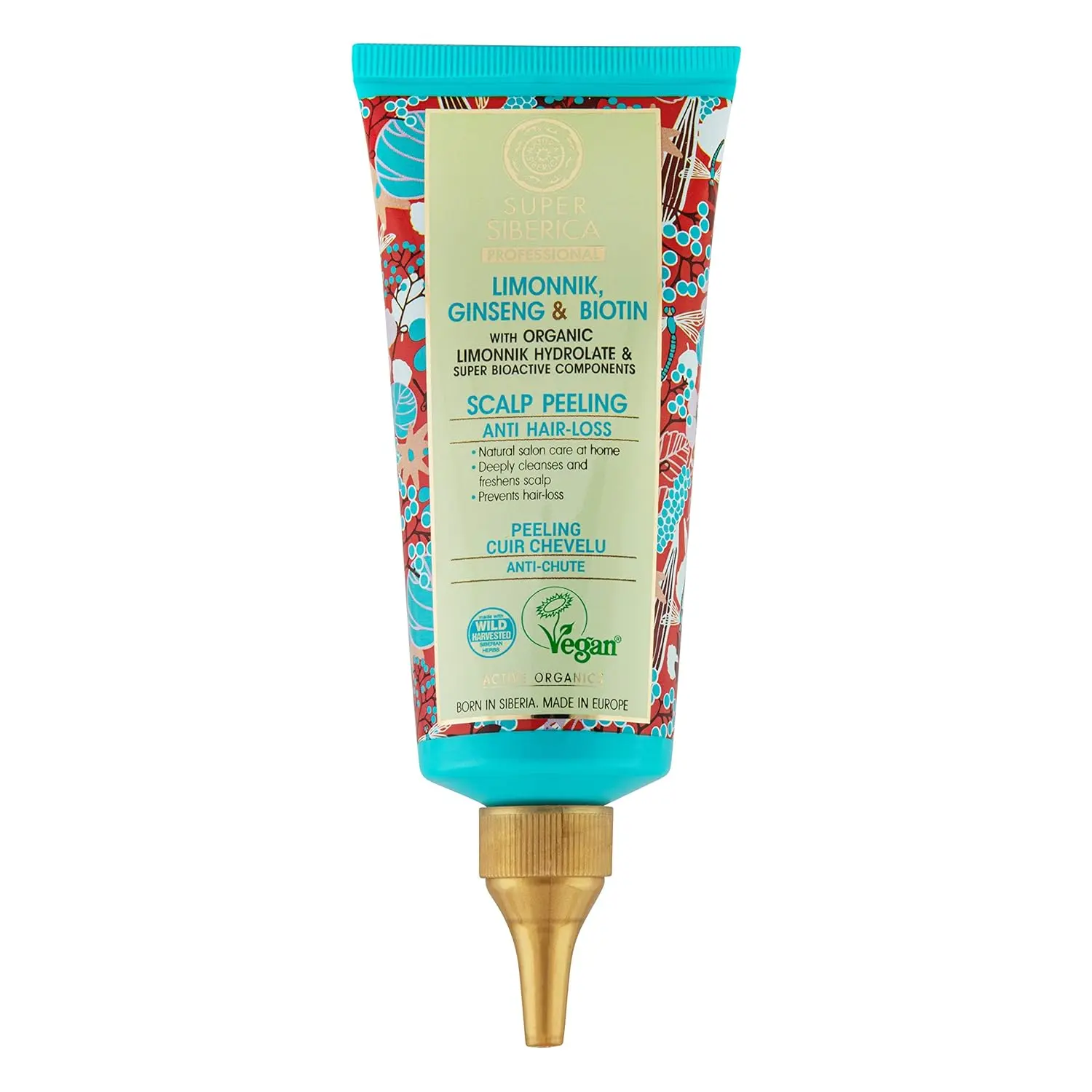 Natura Siberica scalp peeling with organic limonnik hydrolate and ginseng extract to strengthen roots, nourish hair and prevent hair loss.