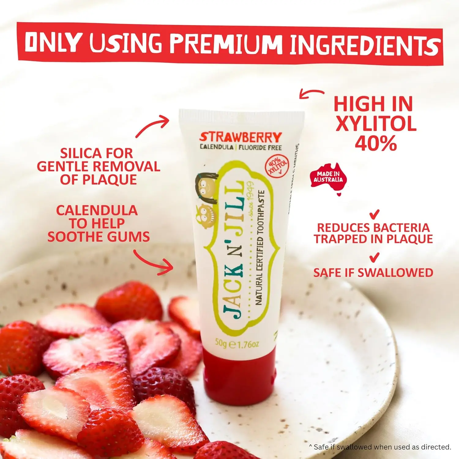 Jack N' Jill fluoride-free banana flavored toothpaste made with natural and organic ingredients is safe for babies and kids to swallow, promoting healthy oral hygiene habits from 6 months old.