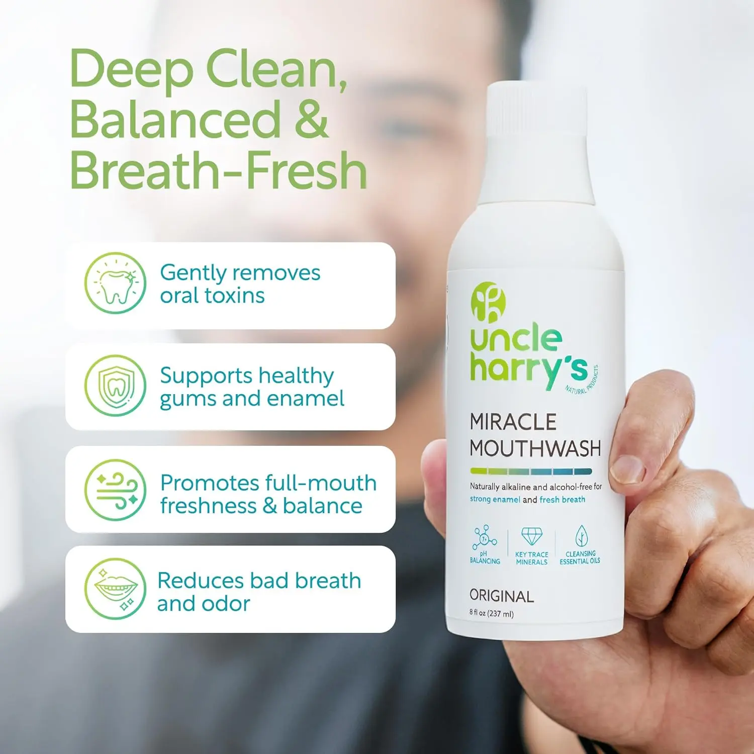 Uncle Harry's natural mouthwash alkalizes to balance pH, freshen breath, soothe sore throats, and promote healthy gums with essential minerals.