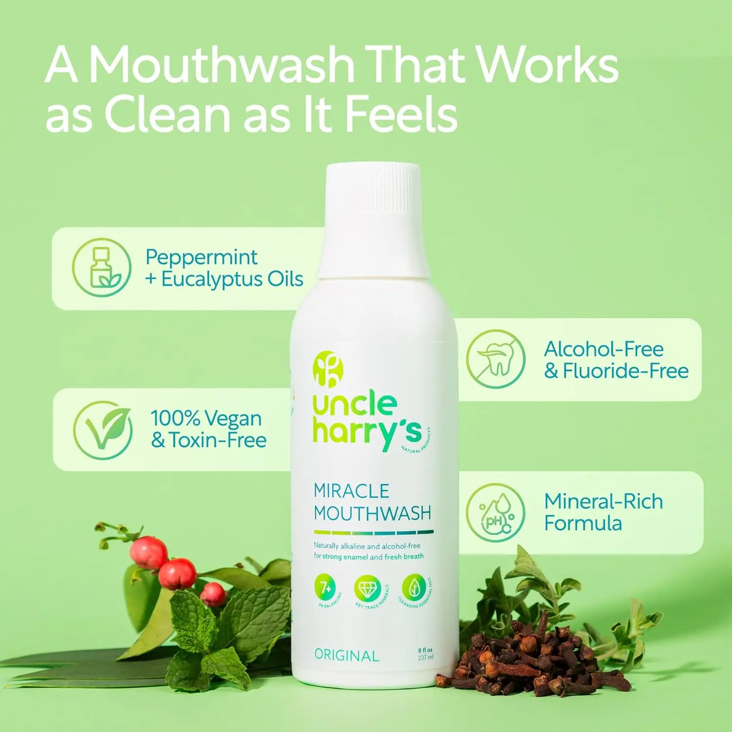 Uncle Harry's natural mouthwash alkalizes to balance pH, freshen breath, soothe sore throats, and promote healthy gums with essential minerals.