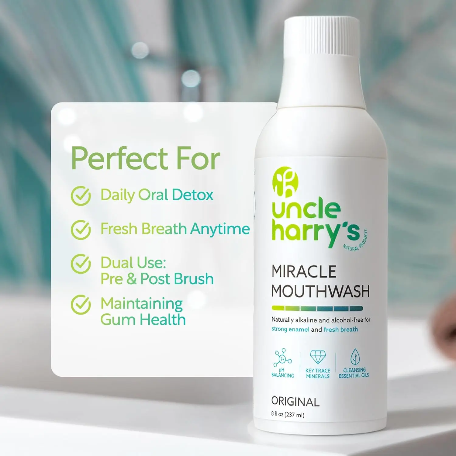 Uncle Harry's natural mouthwash alkalizes to balance pH, freshen breath, soothe sore throats, and promote healthy gums with essential minerals.