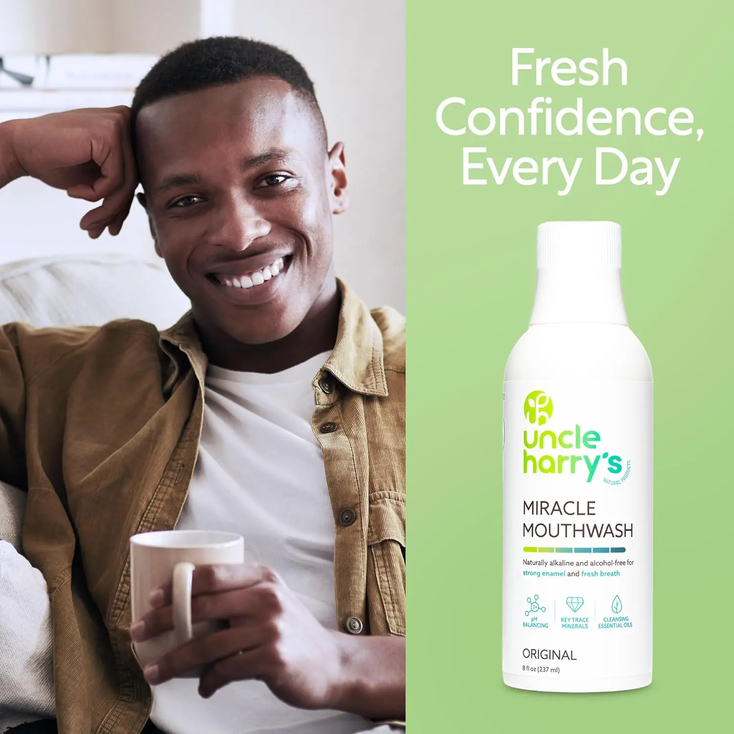 Uncle Harry's natural mouthwash alkalizes to balance pH, freshen breath, soothe sore throats, and promote healthy gums with essential minerals.