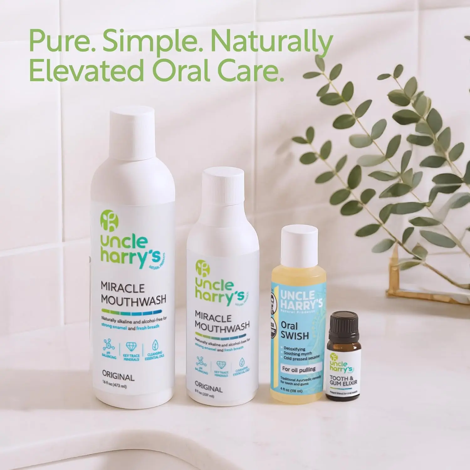Uncle Harry's natural mouthwash alkalizes to balance pH, freshen breath, soothe sore throats, and promote healthy gums with essential minerals.