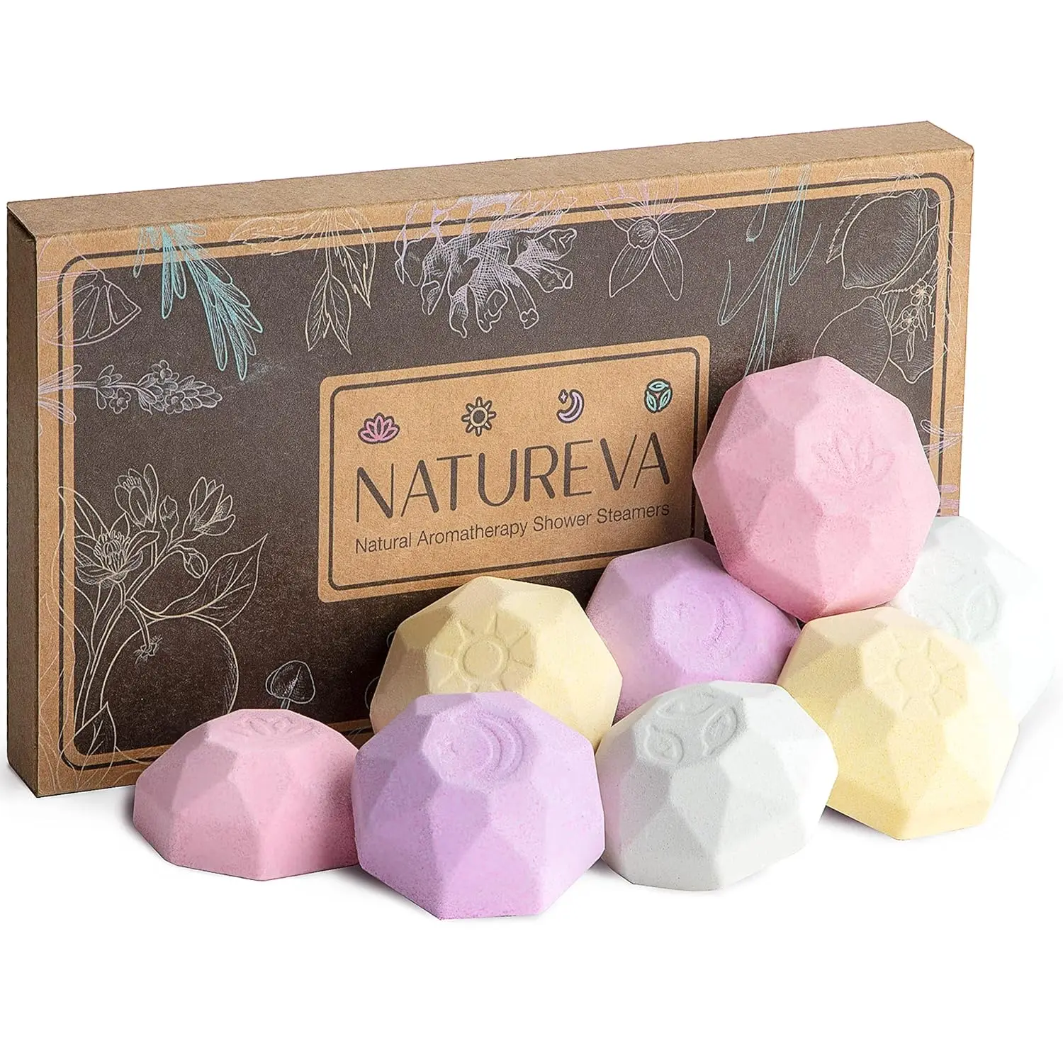 Eight natural shower steamers in a beautifully designed gift box provide aromatherapy stress relief with essential oils, making it the perfect self-care gift for relaxation.