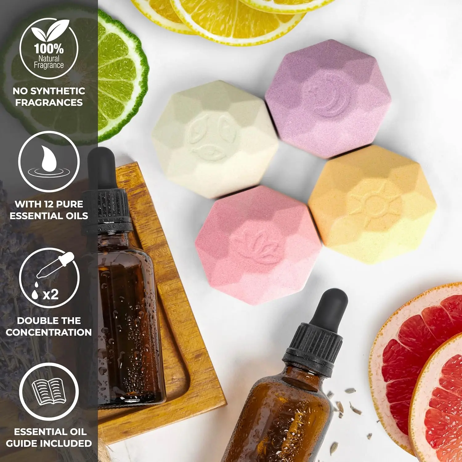 Eight natural shower steamers in a beautifully designed gift box provide aromatherapy stress relief with essential oils, making it the perfect self-care gift for relaxation.