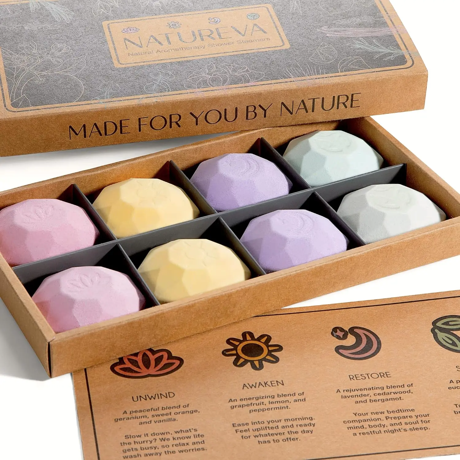 Eight natural shower steamers in a beautifully designed gift box provide aromatherapy stress relief with essential oils, making it the perfect self-care gift for relaxation.