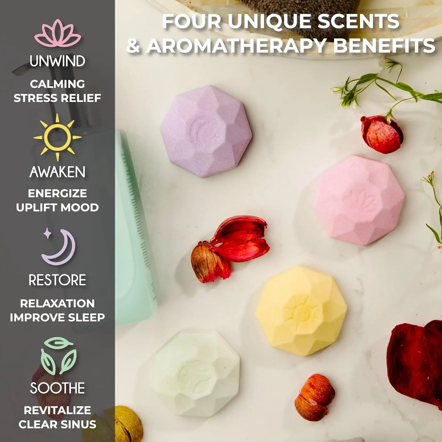 Eight natural shower steamers in a beautifully designed gift box provide aromatherapy stress relief with essential oils, making it the perfect self-care gift for relaxation.