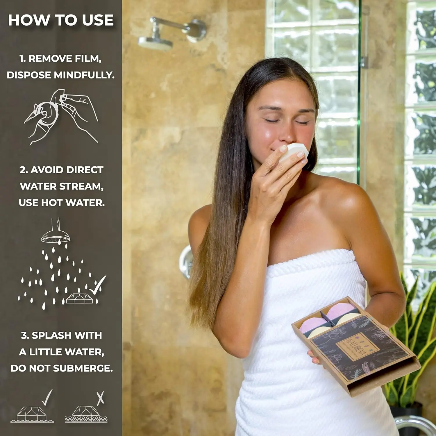 Eight natural shower steamers in a beautifully designed gift box provide aromatherapy stress relief with essential oils, making it the perfect self-care gift for relaxation.