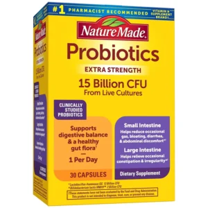 Bottle of Nature Made Probiotics Extra Strength capsules containing 15 billion CFUs to support digestive health, gas, bloating, and gut flora balance.