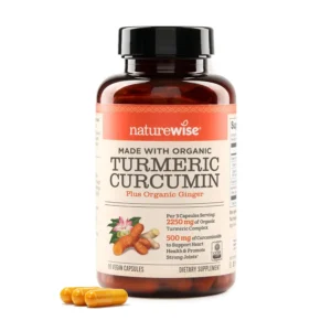 NatureWise organic turmeric curcumin supplement with black pepper extract for enhanced absorption and joint support, certified by CCOF.
