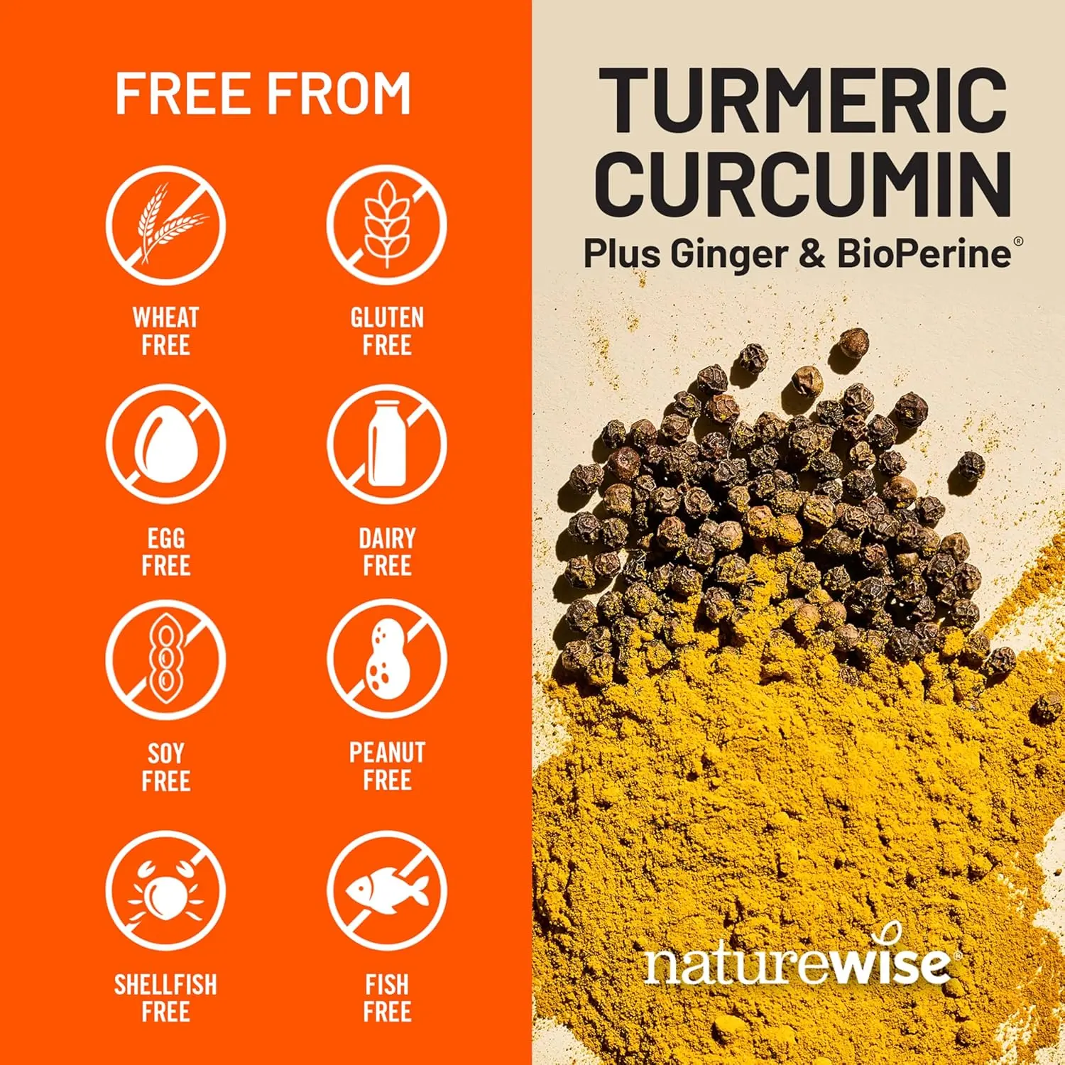 NatureWise organic turmeric curcumin supplement with black pepper extract for enhanced absorption and joint support, certified by CCOF.