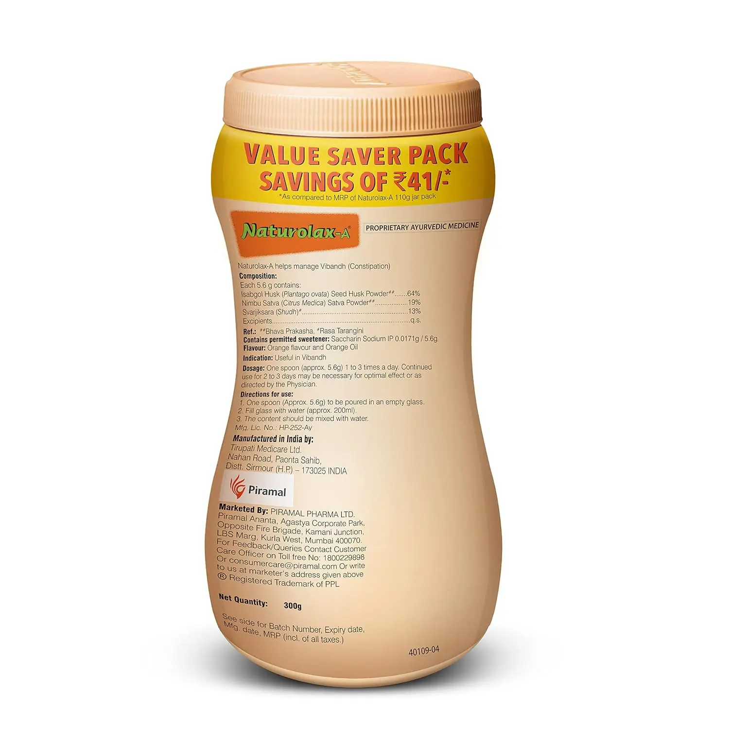 Two packs of Naturolax-A Isabgol Powder, an Ayurvedic fiber supplement with psyllium husk, providing natural and overnight relief from constipation and promoting healthy digestion.