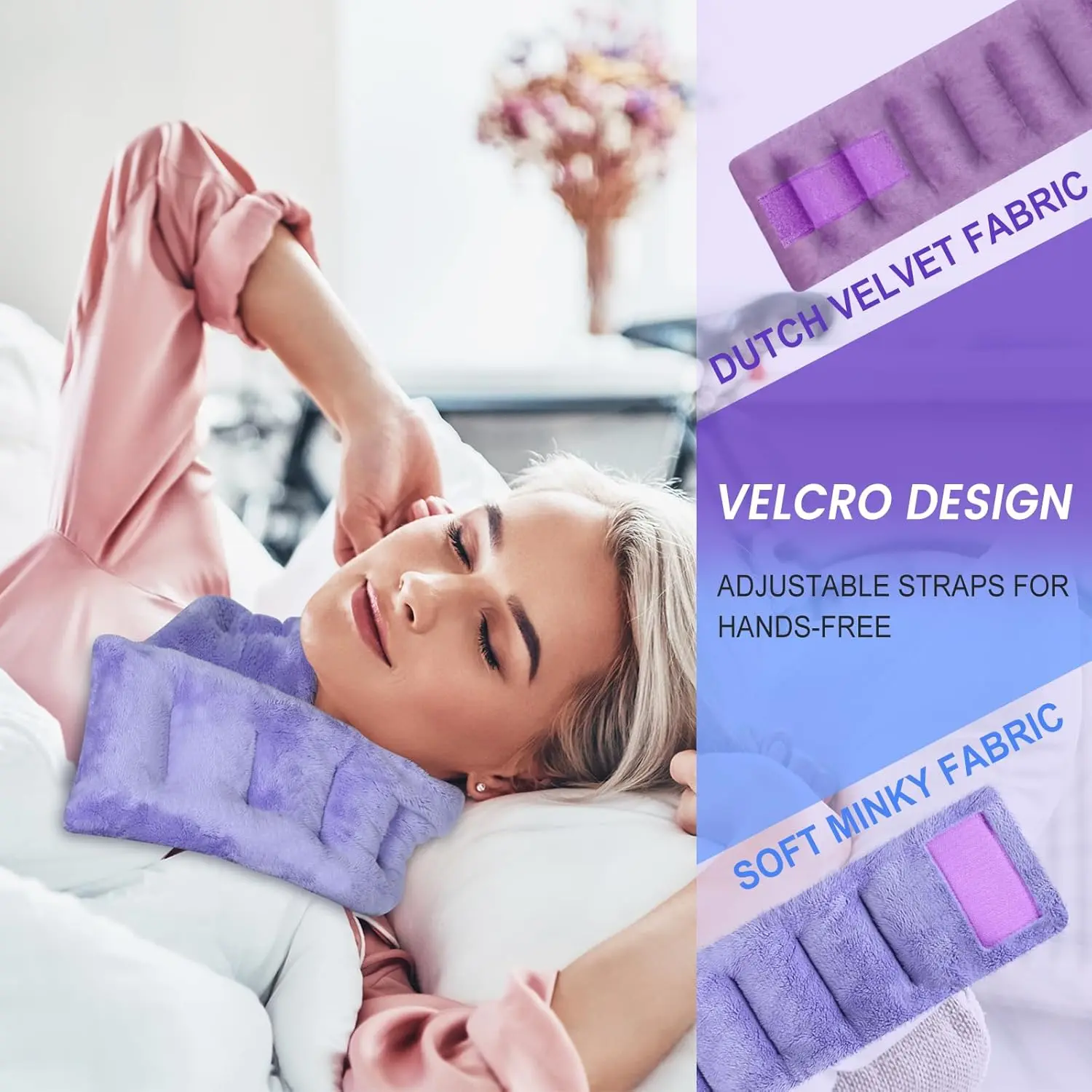 SuzziPad microwavable neck heating pad filled with flaxseed and clay beads provides soothing warmth for neck pain relief.